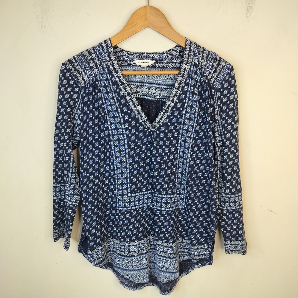 Lucky Brand Boho Floral Top Women's Small V Neck Blue Tee Cotton Linen